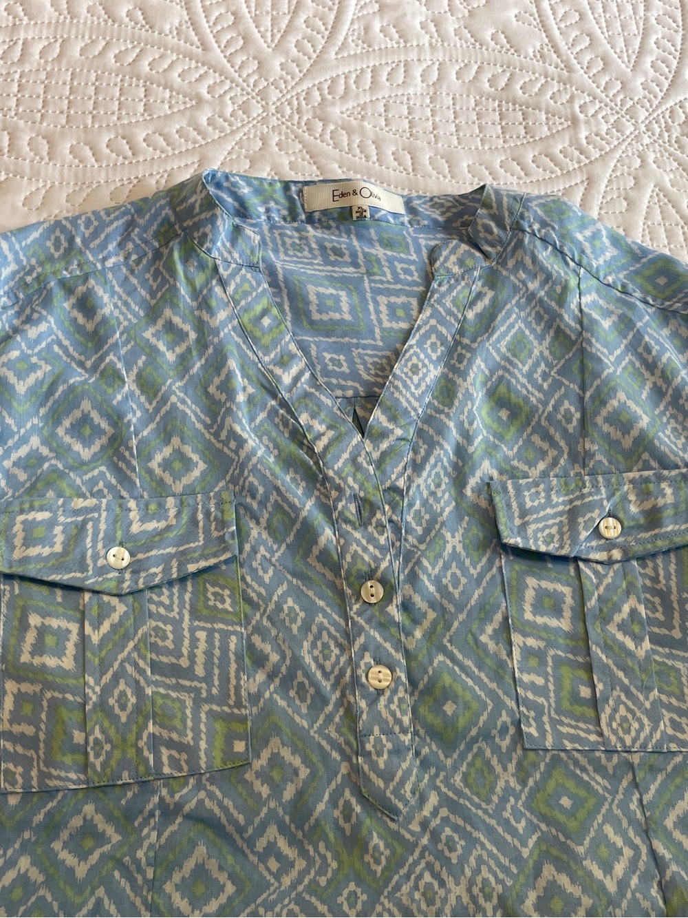 Eden & Olivia Light Blue Geometric V-Neck Tunic with Green Accents - Picture 12 of 14